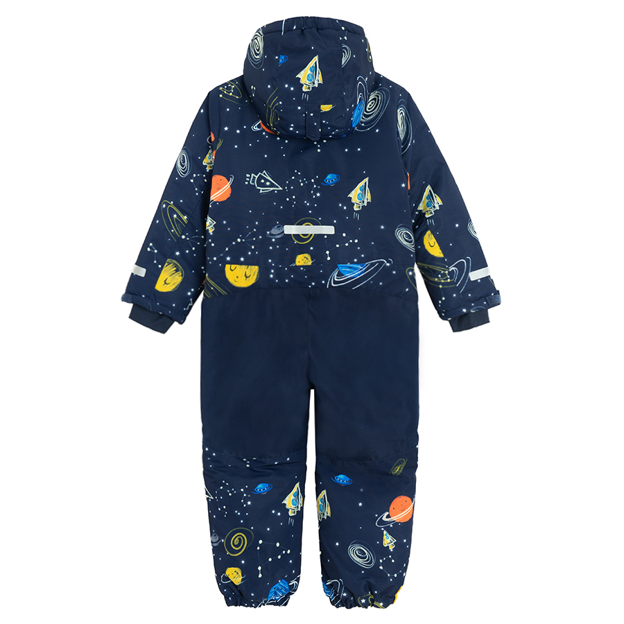 Blue snowsuit with planets print