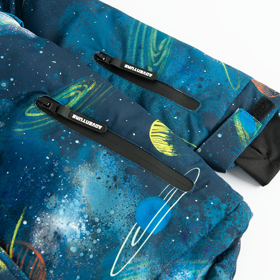 Blue hooded ski jacket with universe print