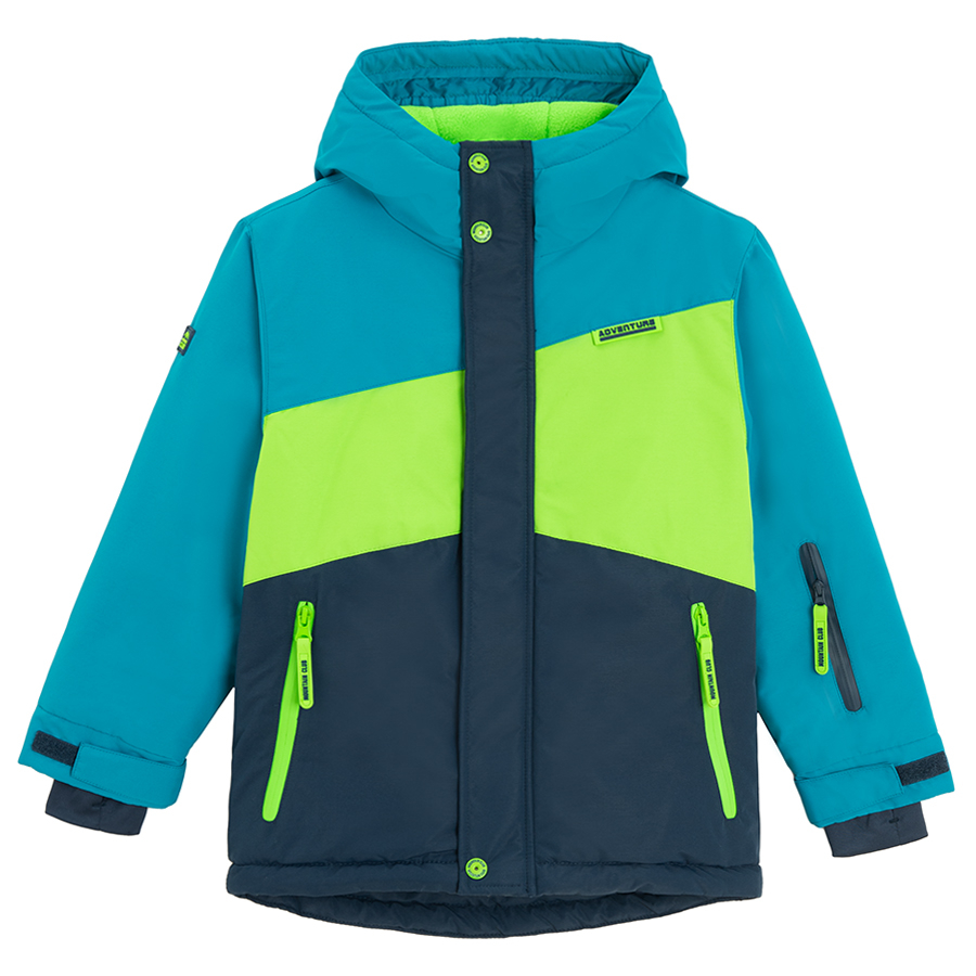 Blue and fluo hooded ski jacket