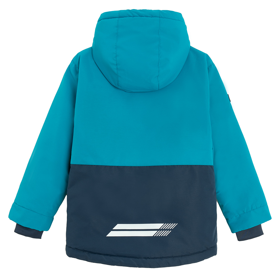 Blue and fluo hooded ski jacket