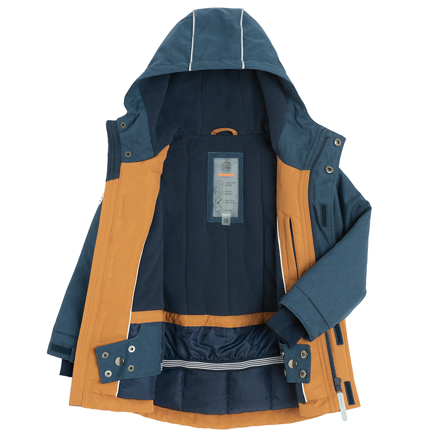 Brown and blue hooded ski jacket