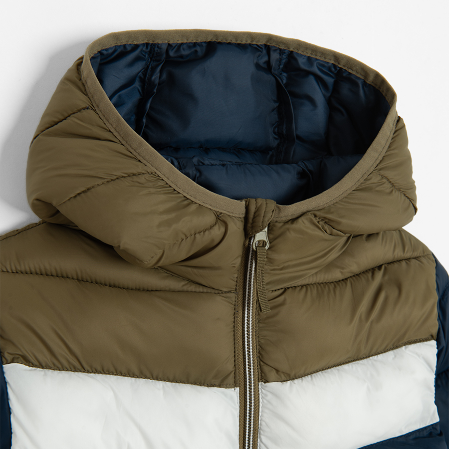 Blue, white, green hooded zip through jacket