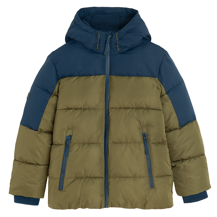 Green and blue hooded winter jacket