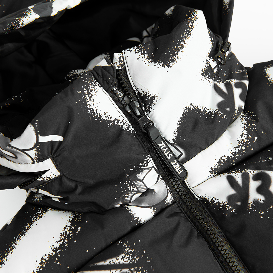 Black with white graffitti hooded winter jacket