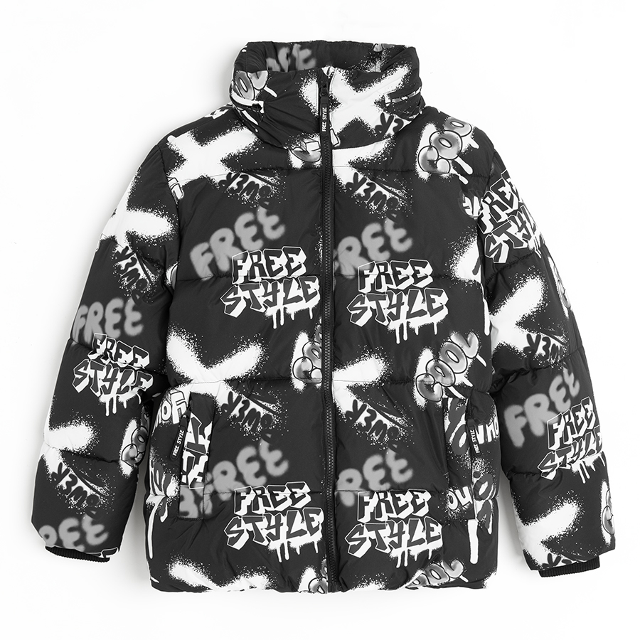 Black with white graffitti hooded winter jacket