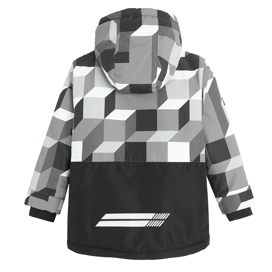 Checked black and grey hooded ski jacket with fluo details