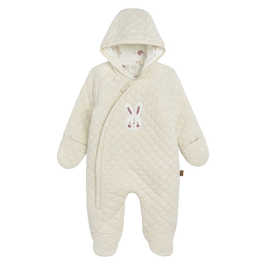 Beige hooded pramsuit with side zipper and bunny print