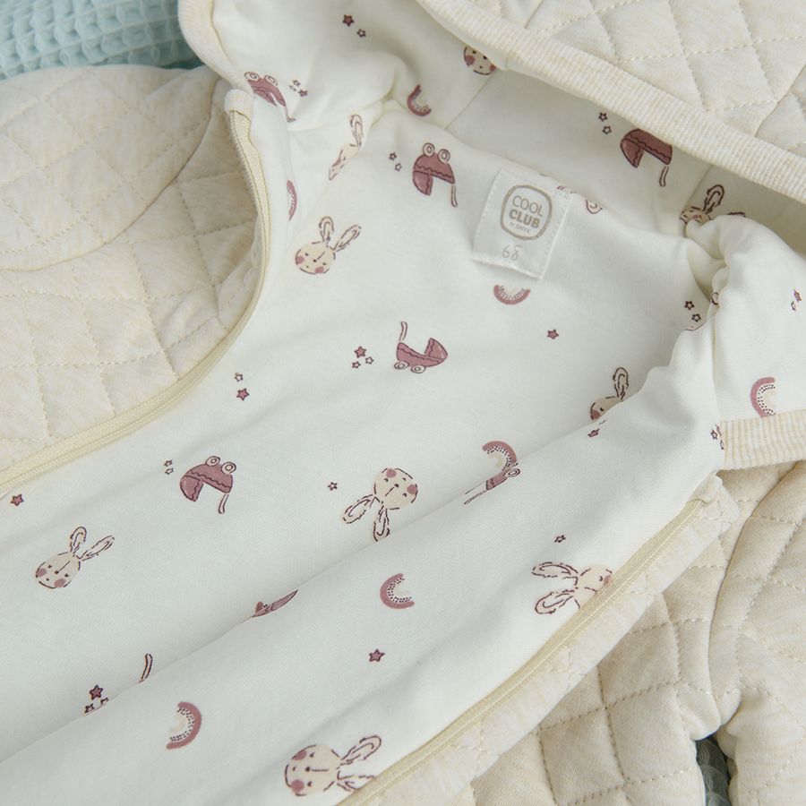 Beige hooded pramsuit with side zipper and bunny print