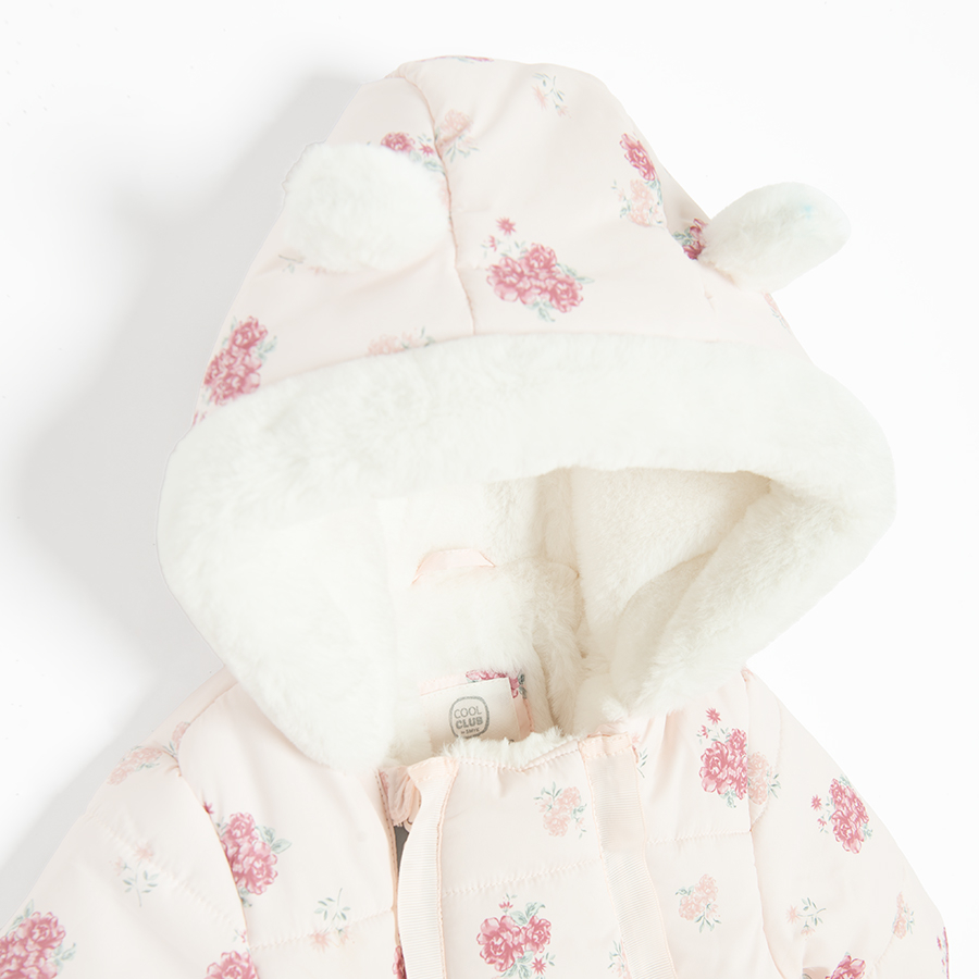 Pink floral hooded snowsuit with 2 side zippers