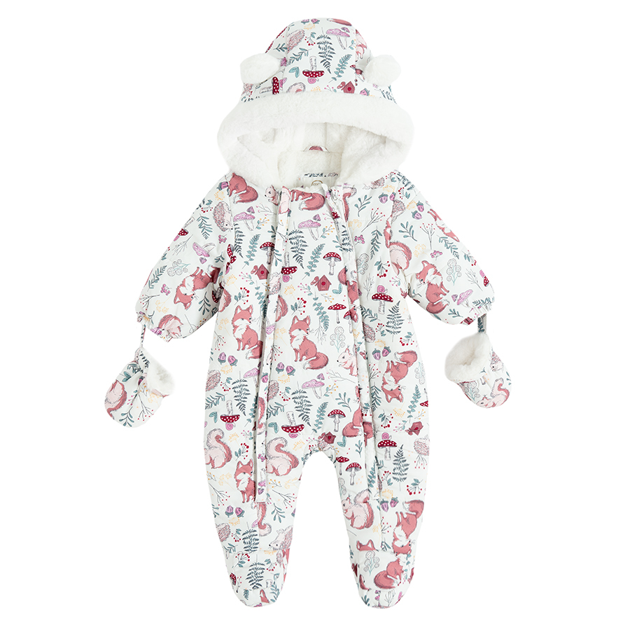 Pink floral hooded footles snowsuit with 2 side zippers