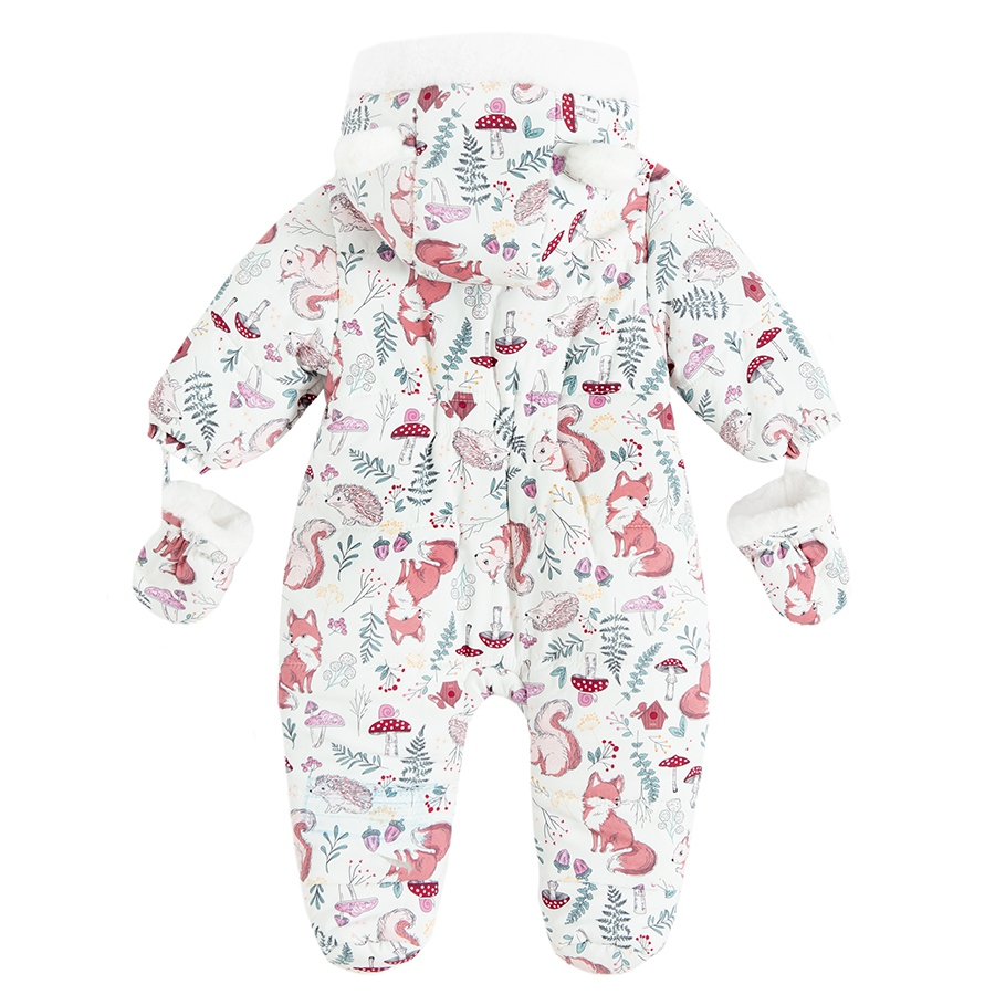 Pink floral hooded footles snowsuit with 2 side zippers