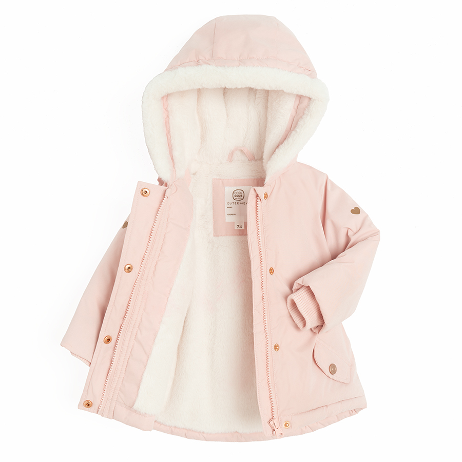 Pink hooded winter jacket with fur on the hood