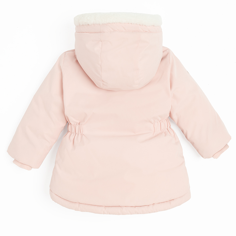 Pink hooded winter jacket with fur on the hood