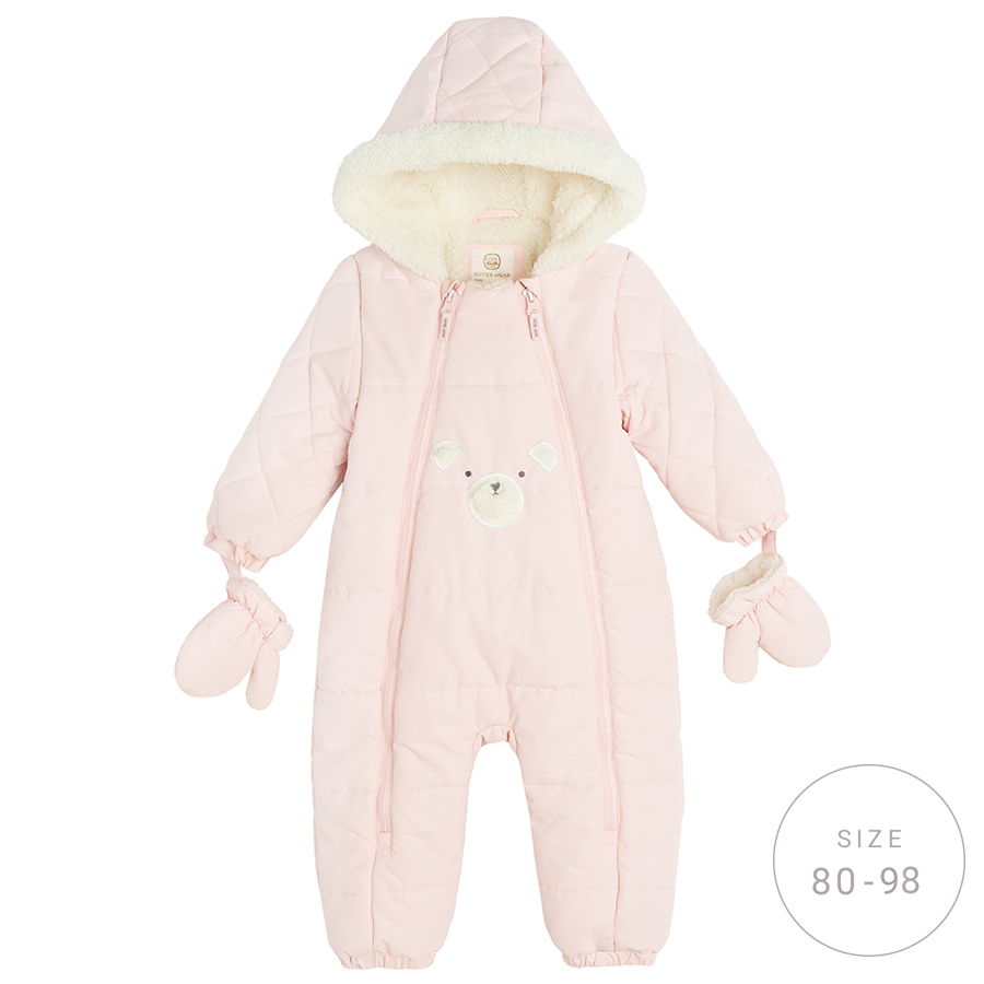 Pink footeless hooded snowsuit, 2 side zippers