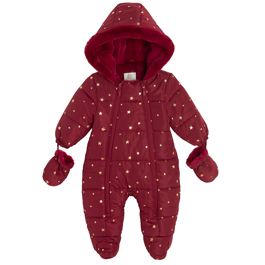 Burgundy footed hooded snowsuit with 2 side zippers