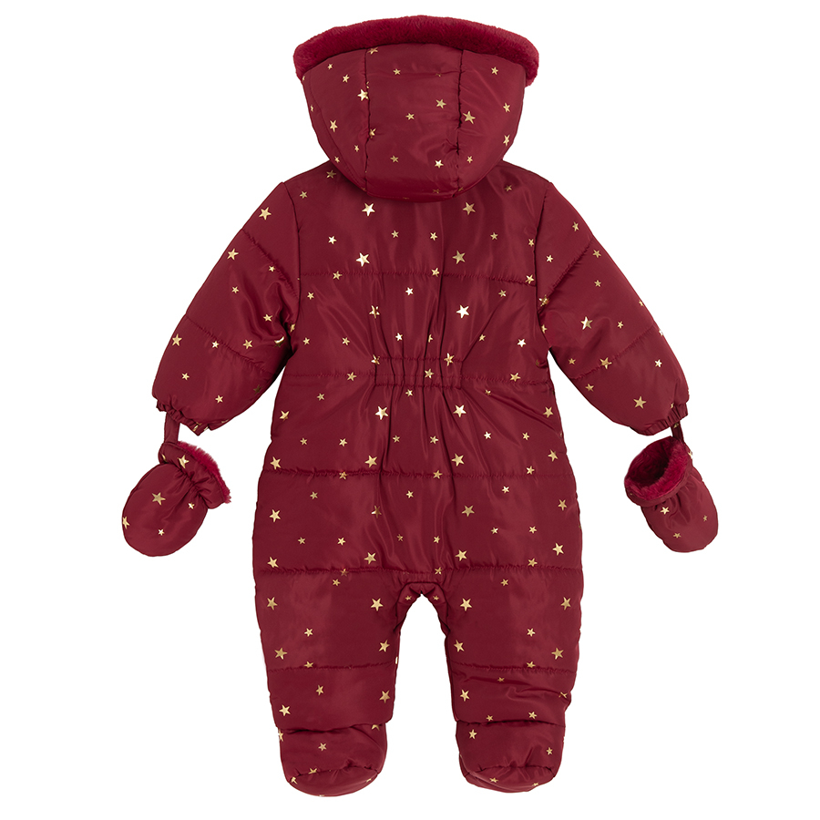 Burgundy footed hooded snowsuit with 2 side zippers