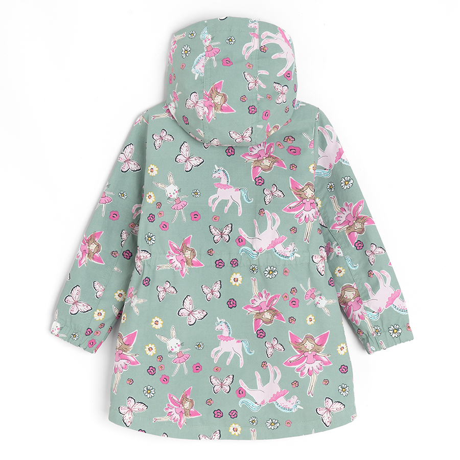 Green light hooded jacket with unicorns print