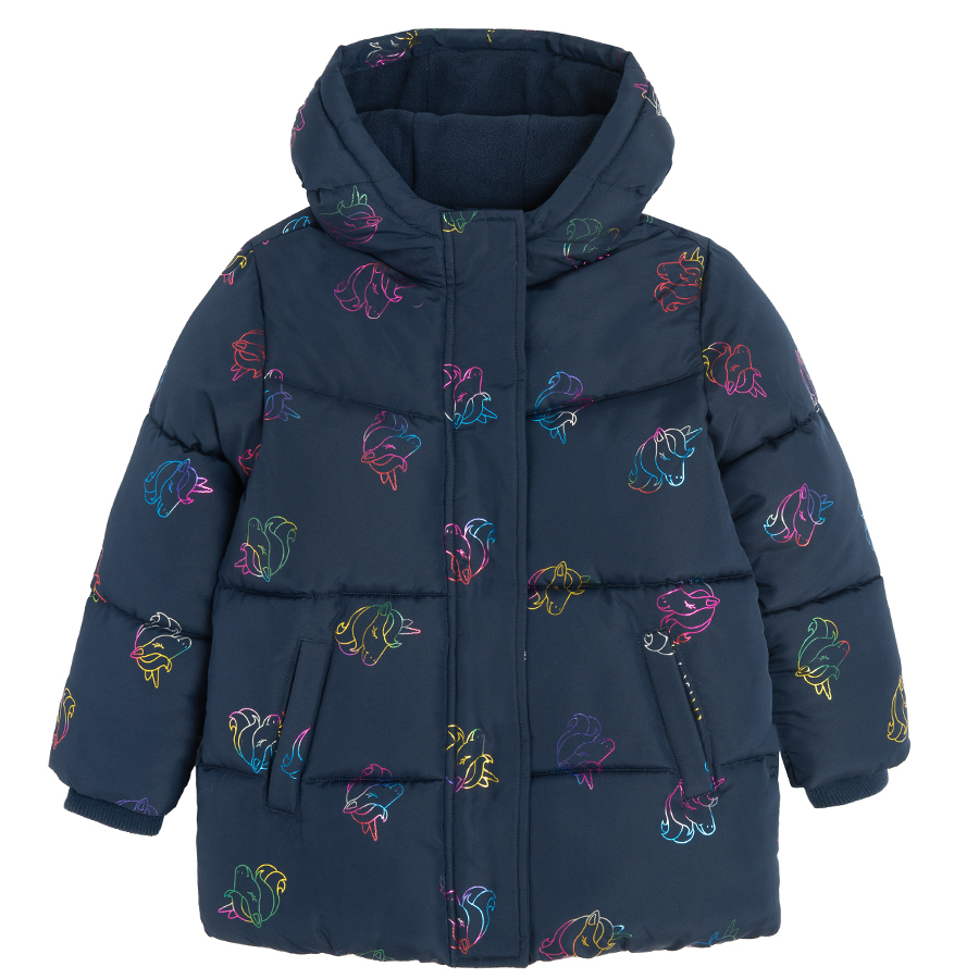 Black zip through hooded winter jacket with sea horse print