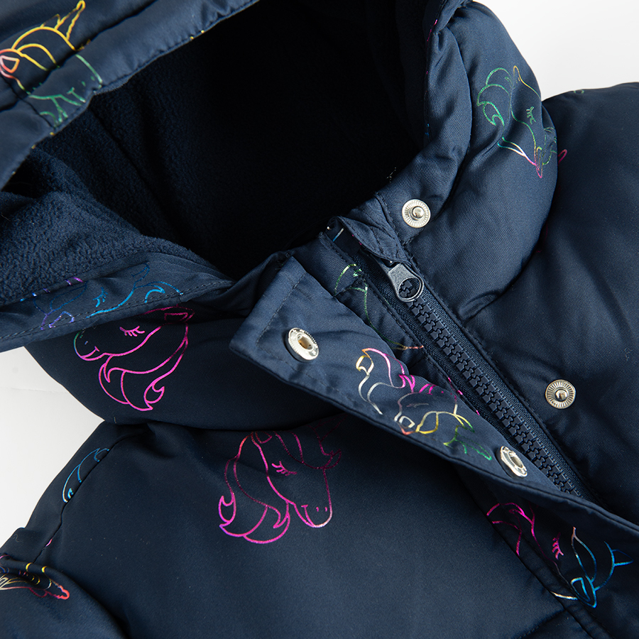 Black zip through hooded winter jacket with sea horse print