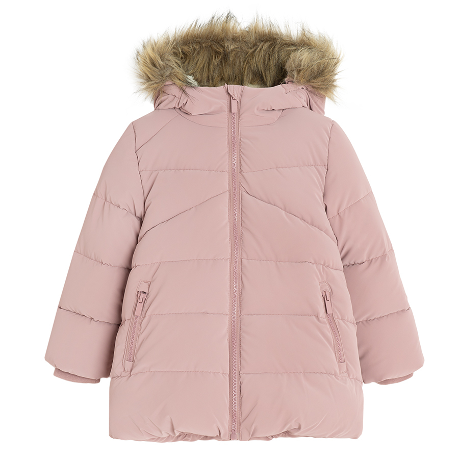 Dusty pink winter jacket with fur on the hood