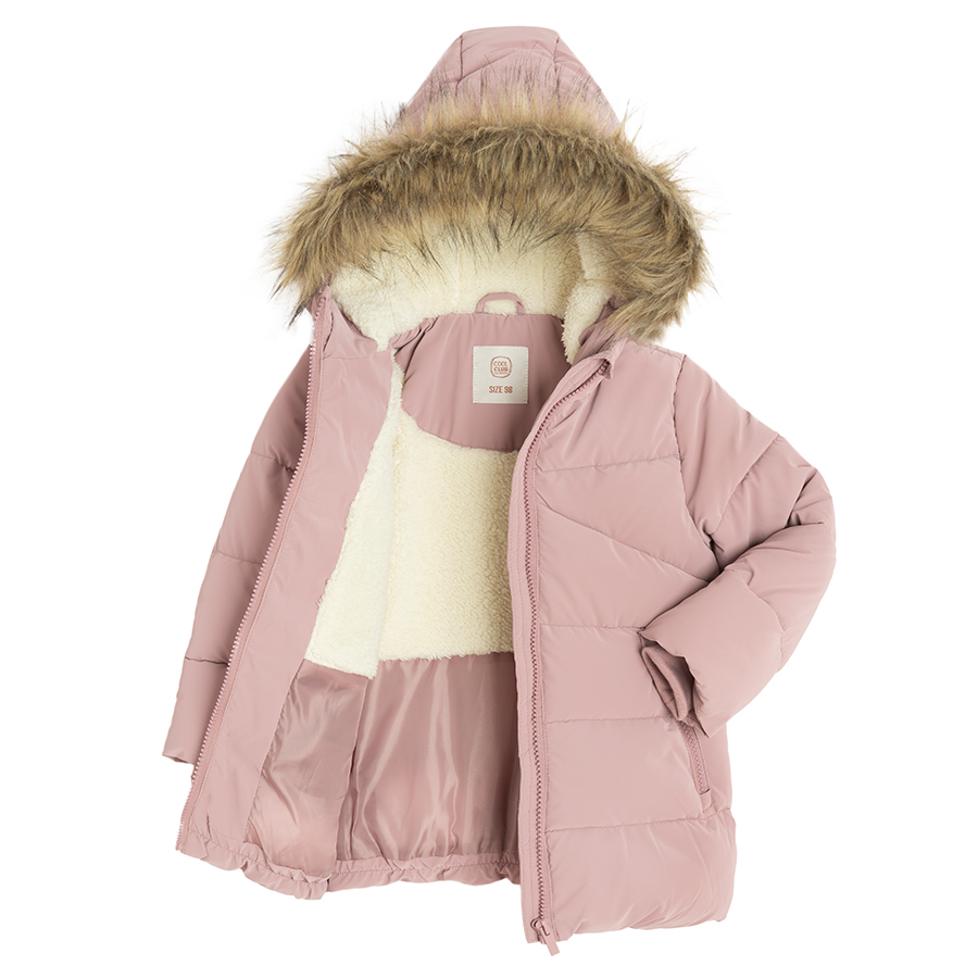 Dusty pink winter jacket with fur on the hood