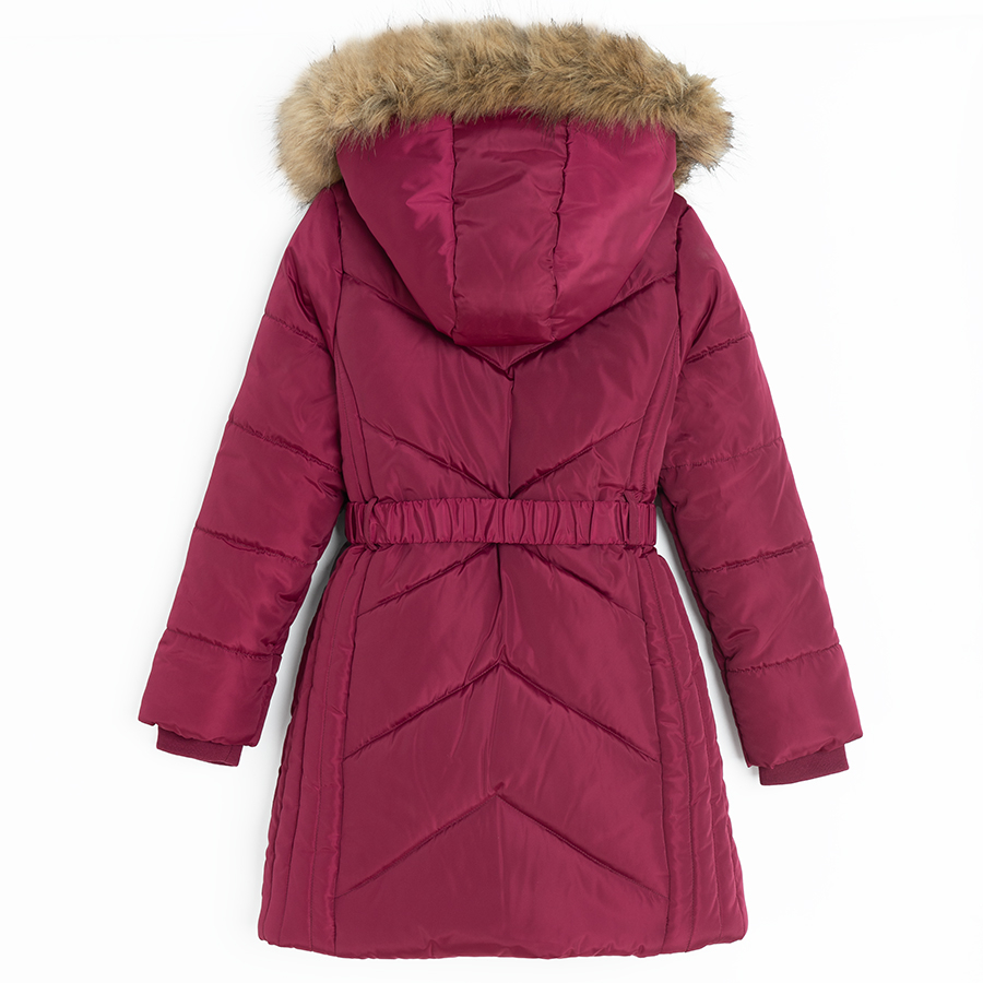 Burgundy winter coat with fur hood on sale