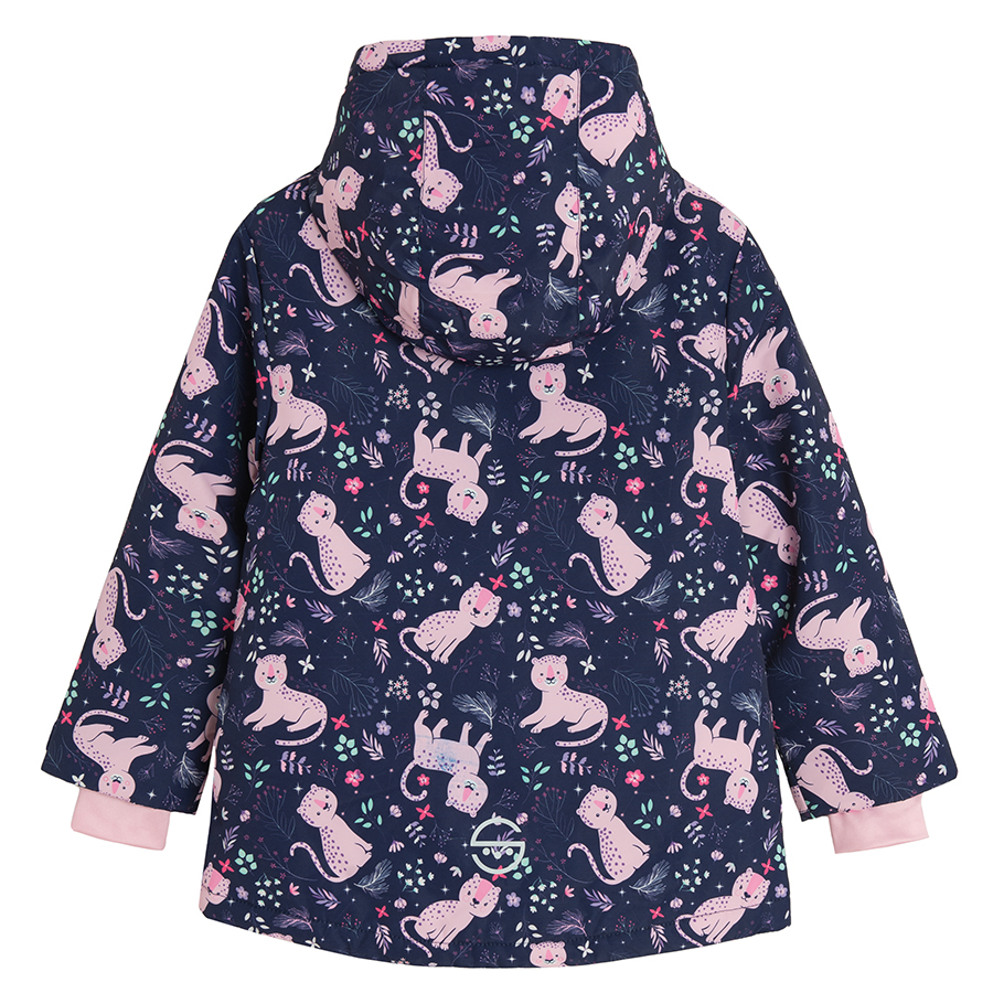 Blue hooded ski jacket with pink cats print