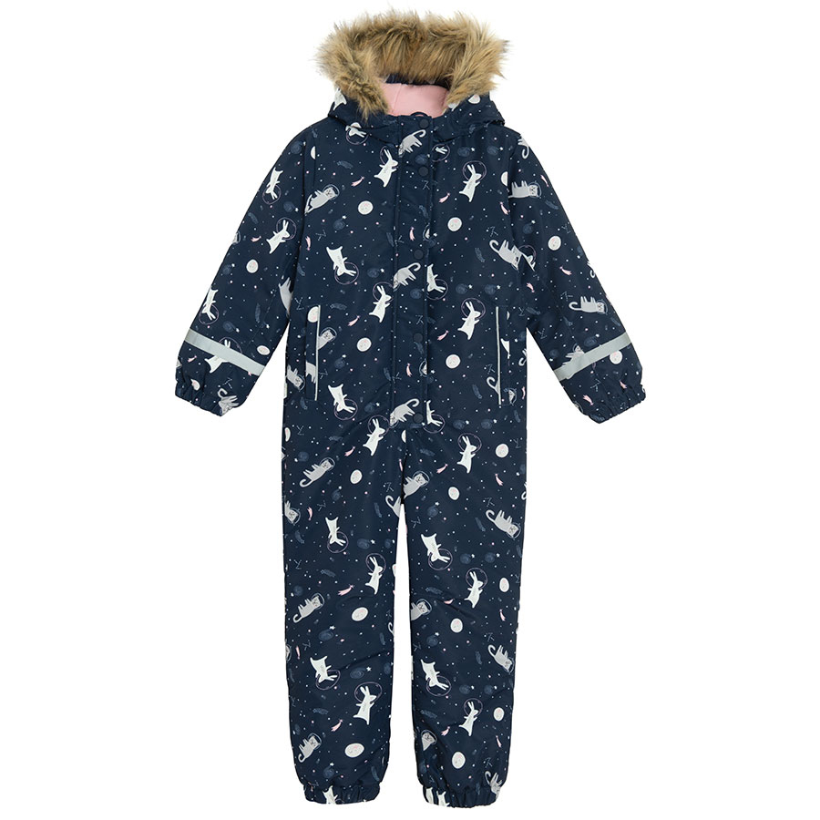 Blue hooded ski snowsuit with animals print