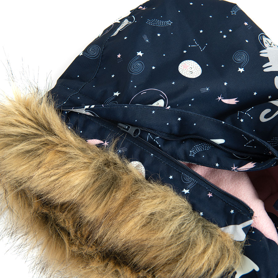 Blue hooded ski snowsuit with animals print