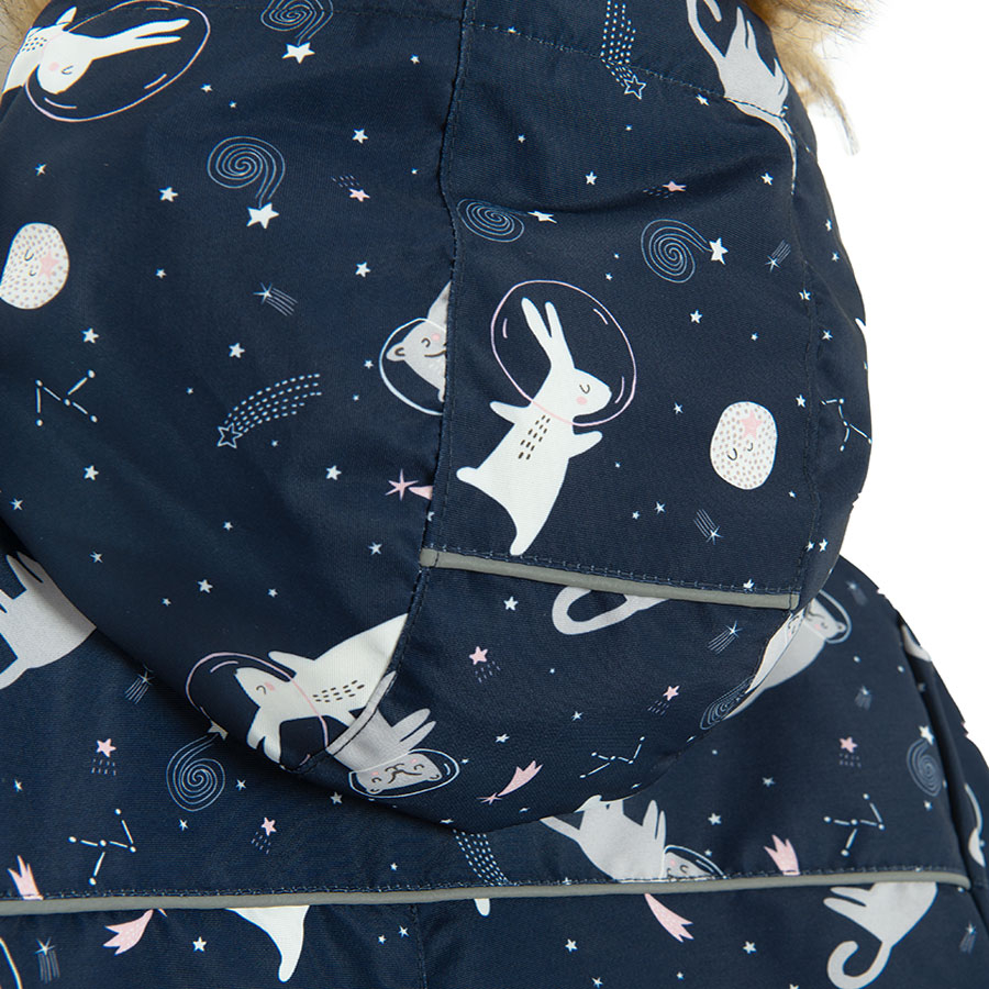 Blue hooded ski snowsuit with animals print