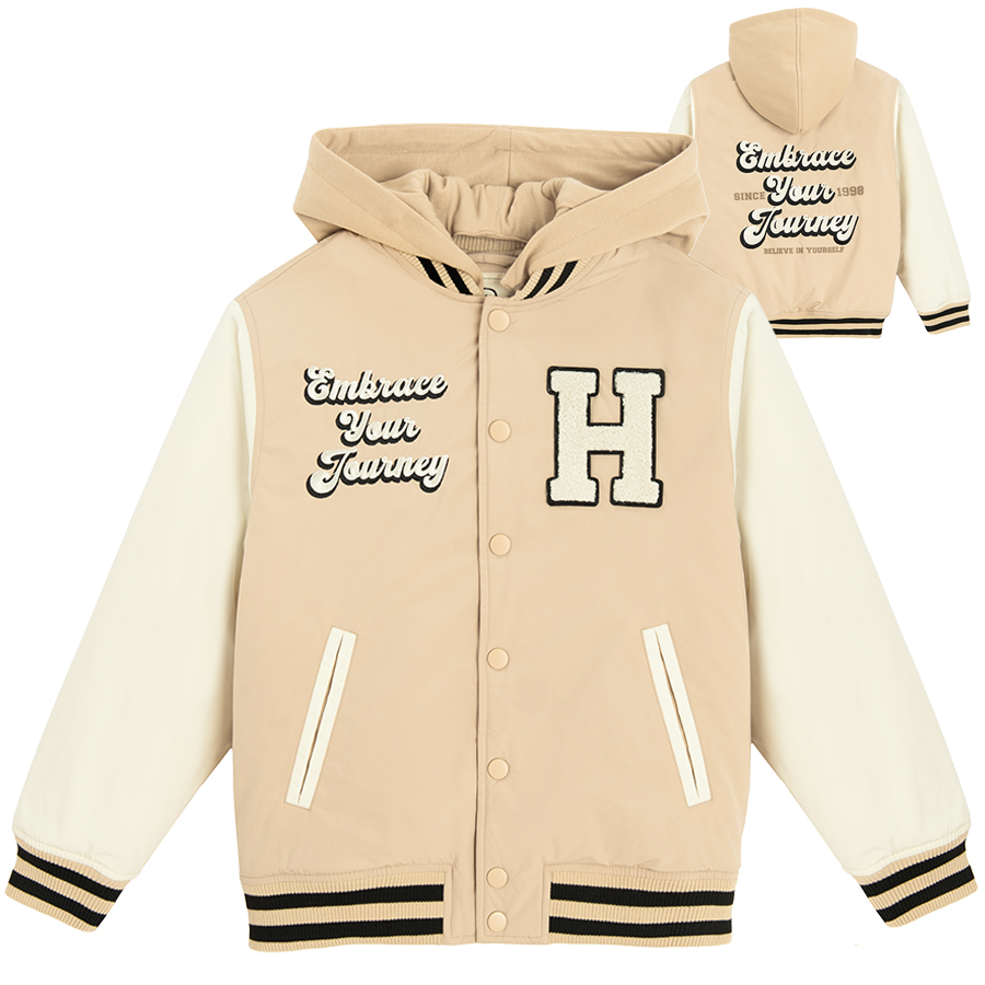 Beige hooded jacket with H print