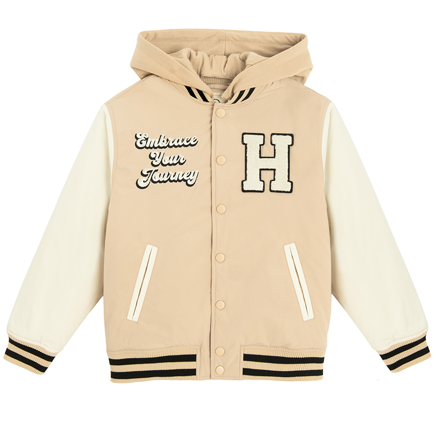 Beige hooded jacket with H print