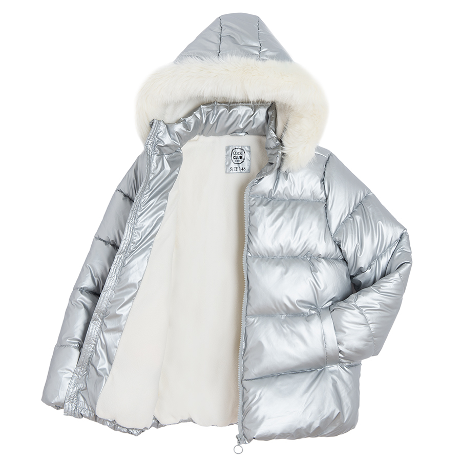 Metalic winter jacket with fur on the hood