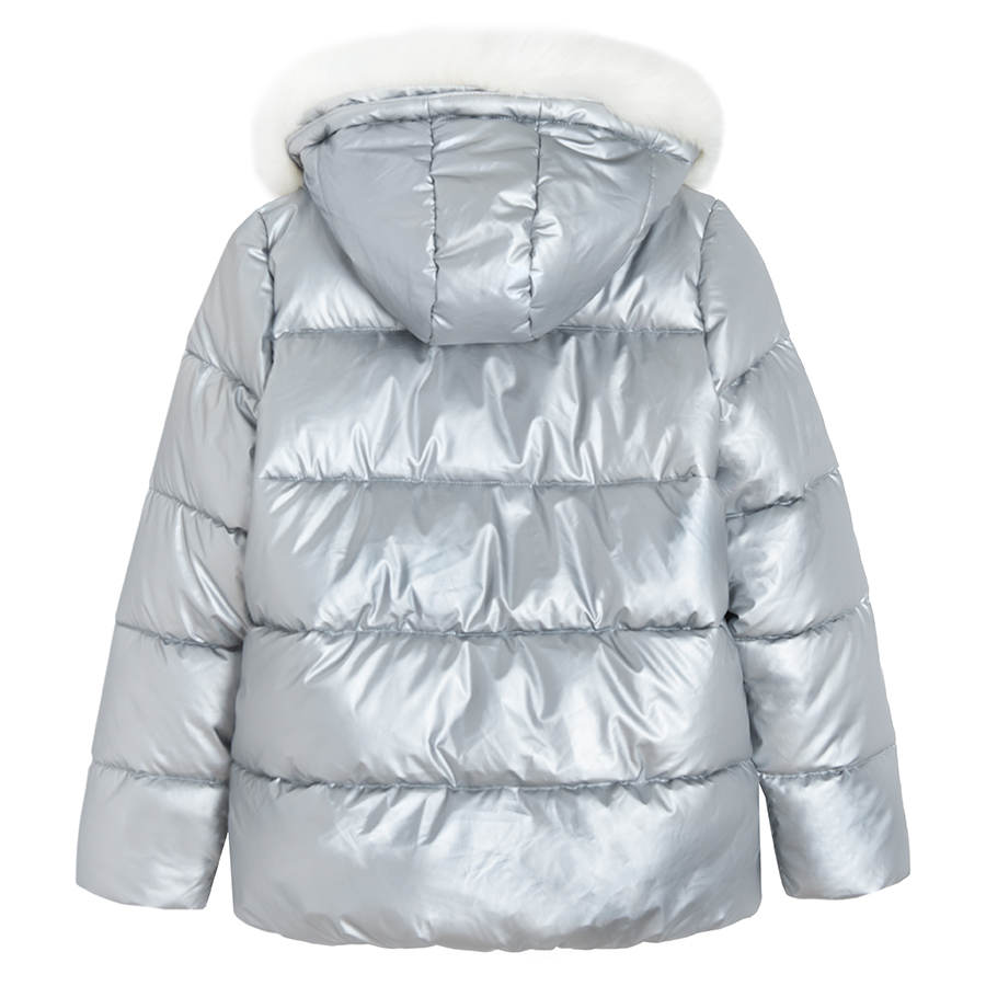 Metalic winter jacket with fur on the hood