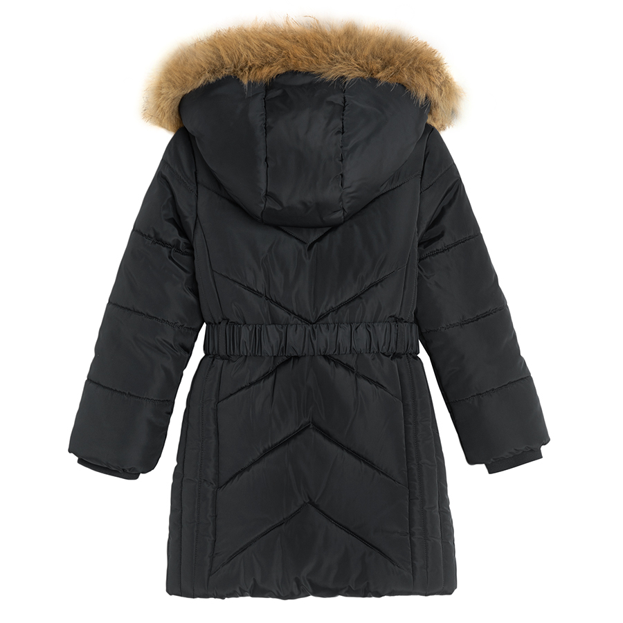 Black winter coat with fur on the hood and belt Coolclub