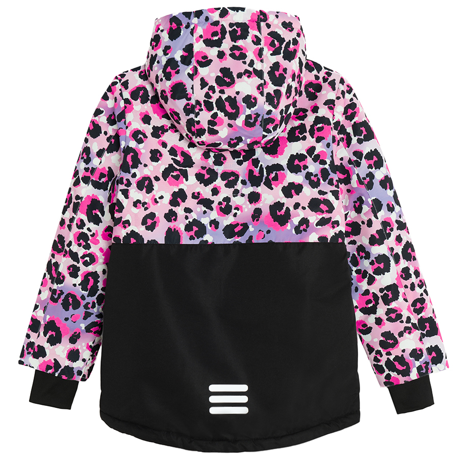 Black and pink animal print hooded ski jacket