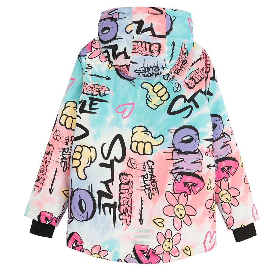 Pink graffiti hooded ski jacket