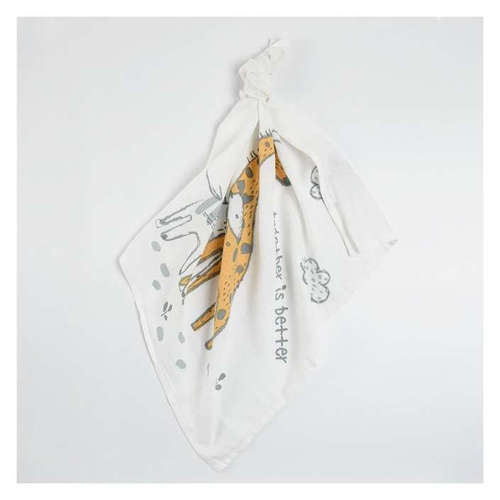 White muslin nappy with giraffe mommy and baby print