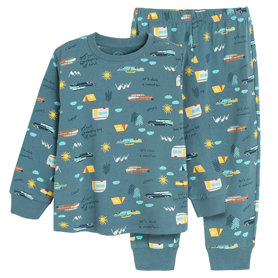 Blue long sleeve and pants pyjamas with camping print- 2 pieces