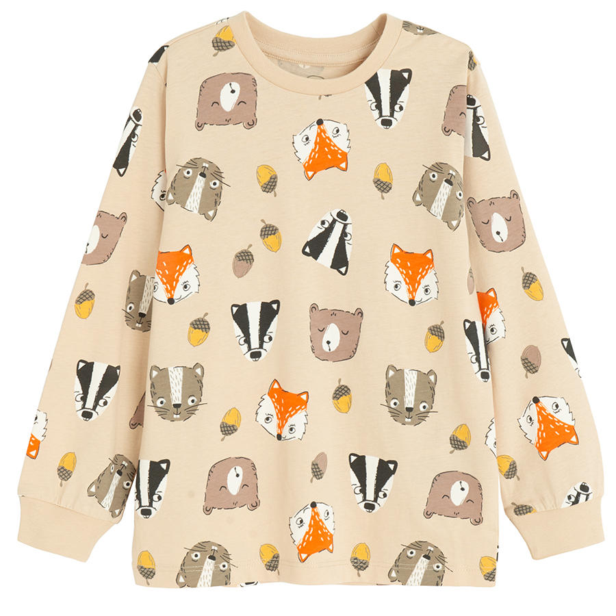 Beige long sleeve and trousers pyjamas with forest animals print- 2 pieces