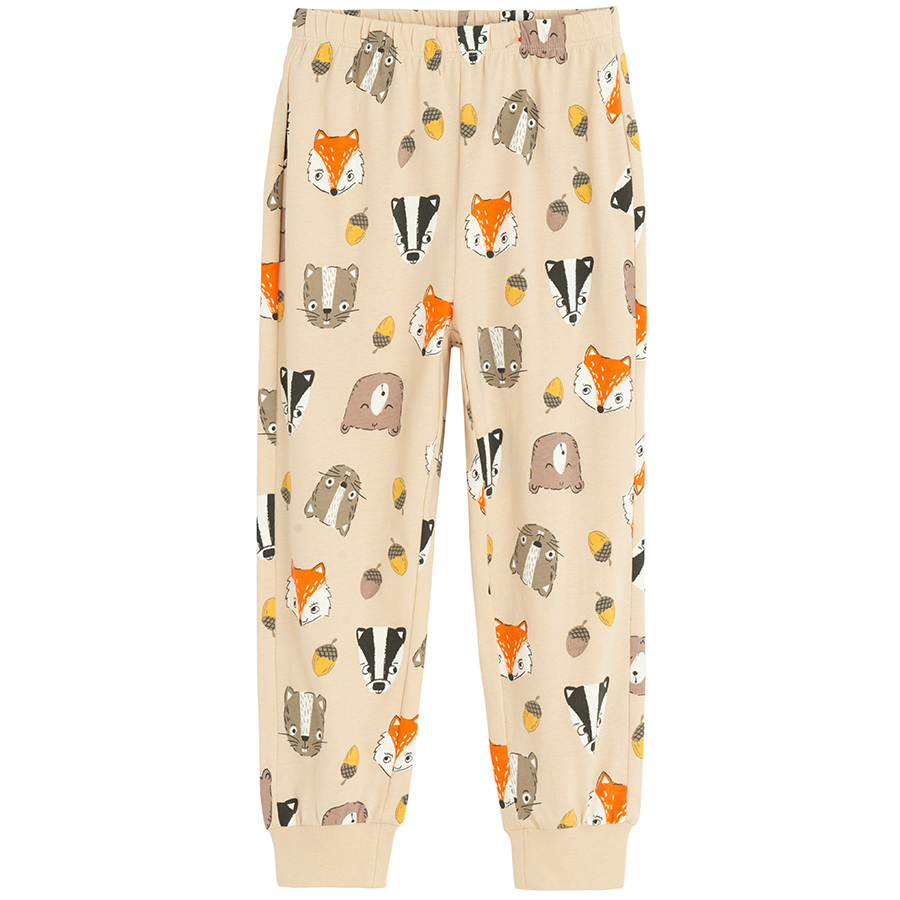 Beige long sleeve and trousers pyjamas with forest animals print- 2 pieces