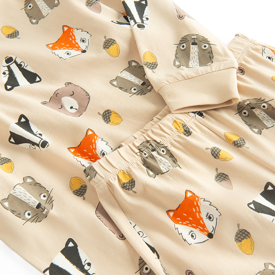 Beige long sleeve and trousers pyjamas with forest animals print- 2 pieces