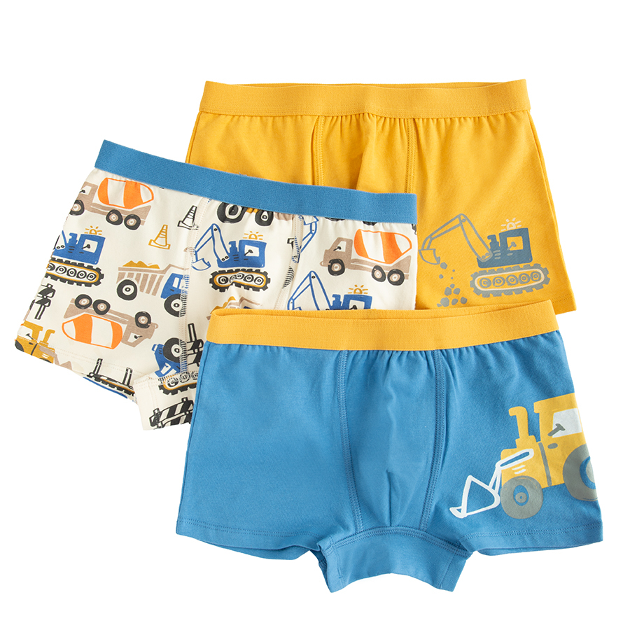 Blue and yellow boxer shorts with trcuks print- 3 pack