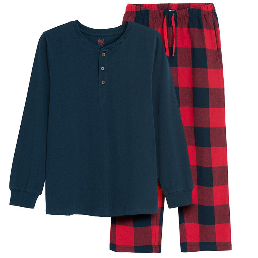 Blue long sleeve blouse and red and blue checked pants pyjamas