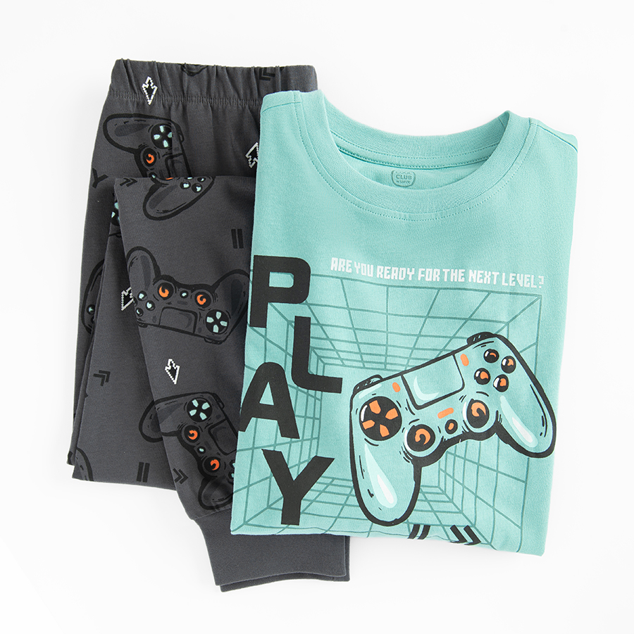 Long sleeve blouse and pants pyjamas with computer games print- 2 pieces