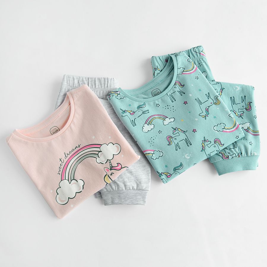 Pink and light green unicorn pyjamas- 2 pack