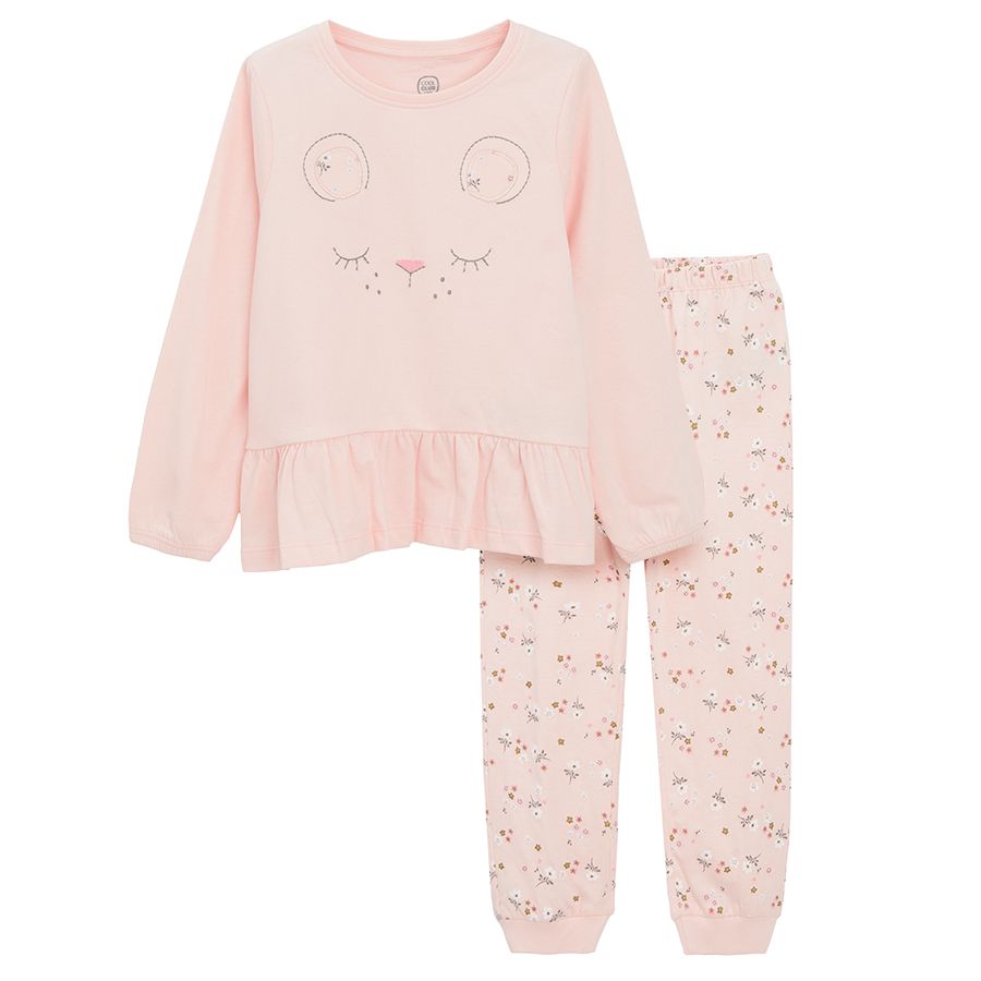 Pink long sleeve pyjamas with kitten print on the blouse and flowers on the pants