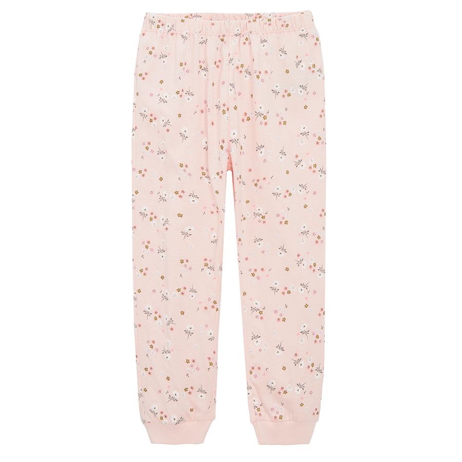 Pink long sleeve pyjamas with kitten print on the blouse and flowers on the pants