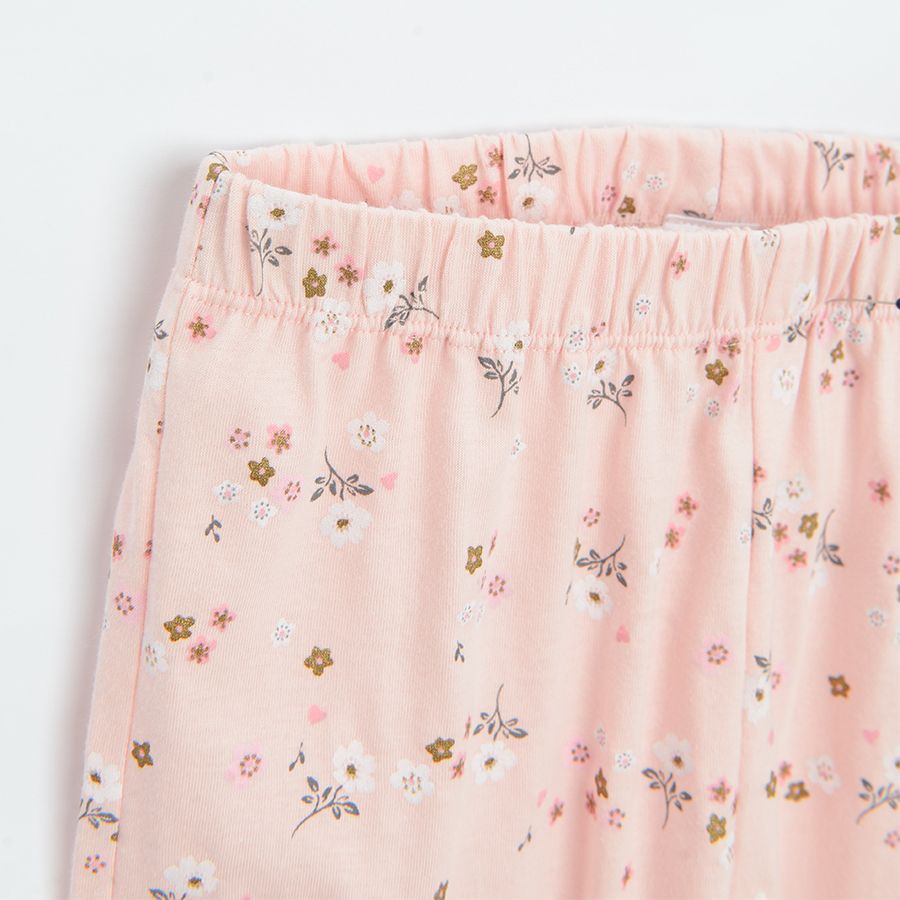 Pink long sleeve pyjamas with kitten print on the blouse and flowers on the pants