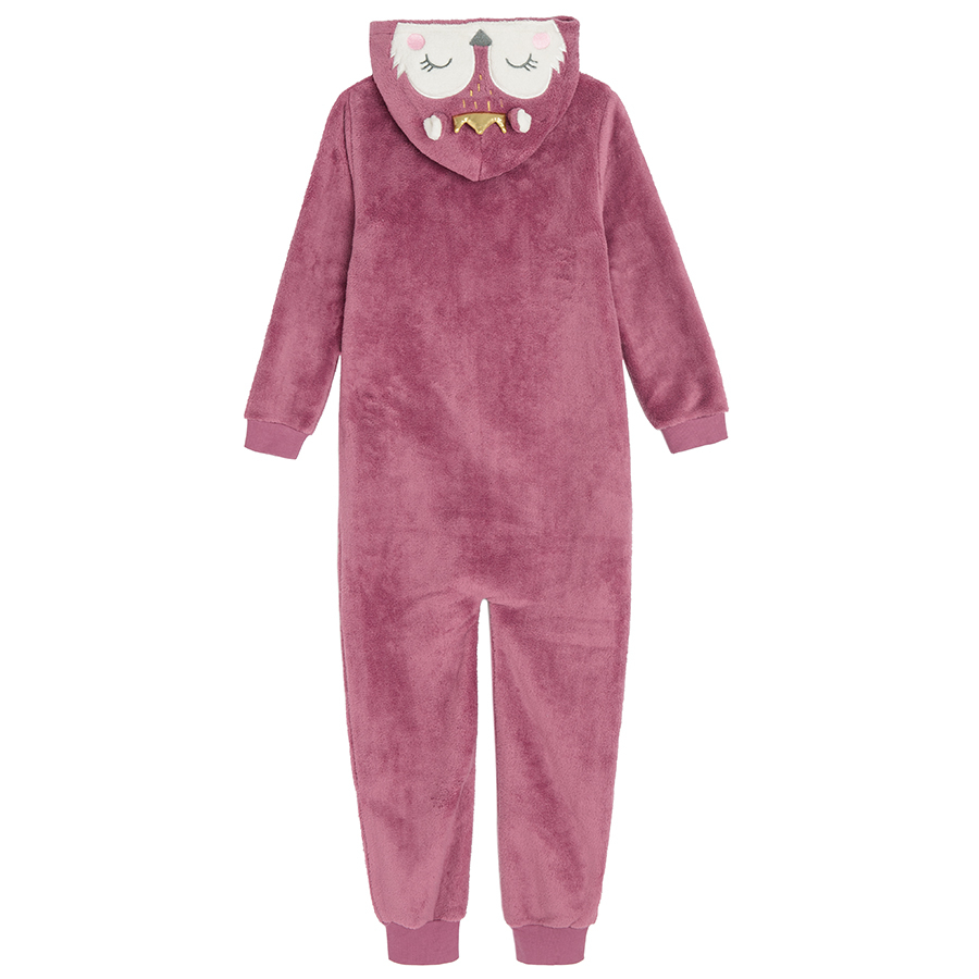 Burgundy footless hooded overall pyjamas with fox print